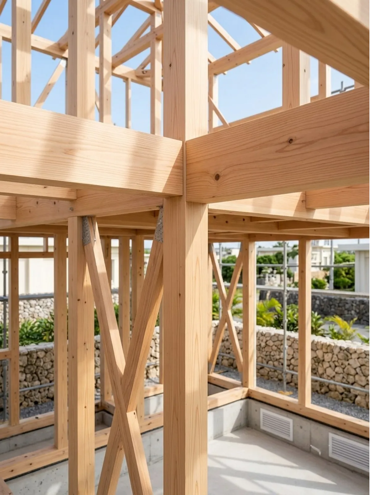 住宅の構造に使用する国産ヒノキの柱と梁