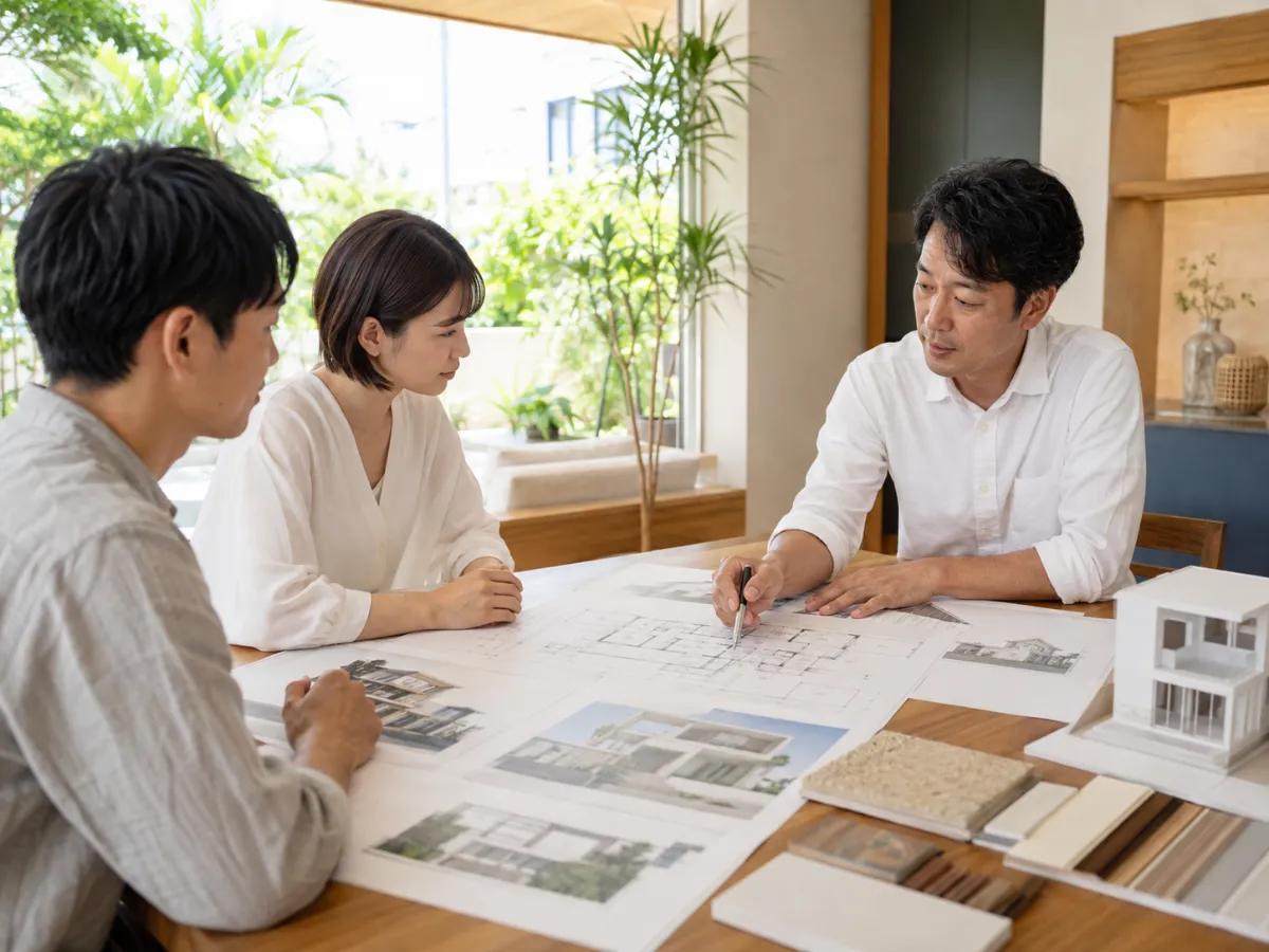 注文住宅の打ち合わせで建築士とお客様が図面を確認している様子