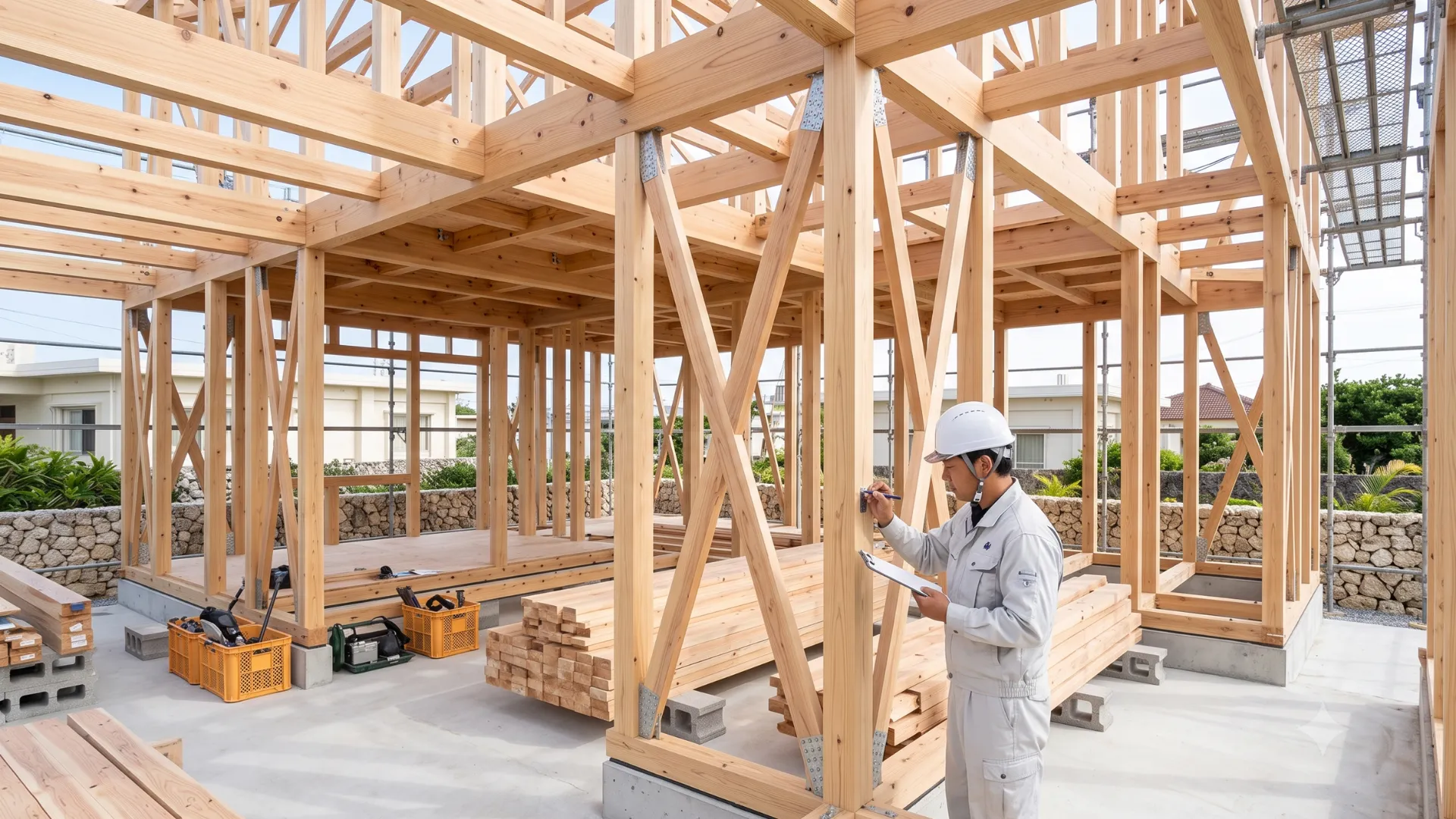 完成前の住宅で構造や施工内容を確認している様子