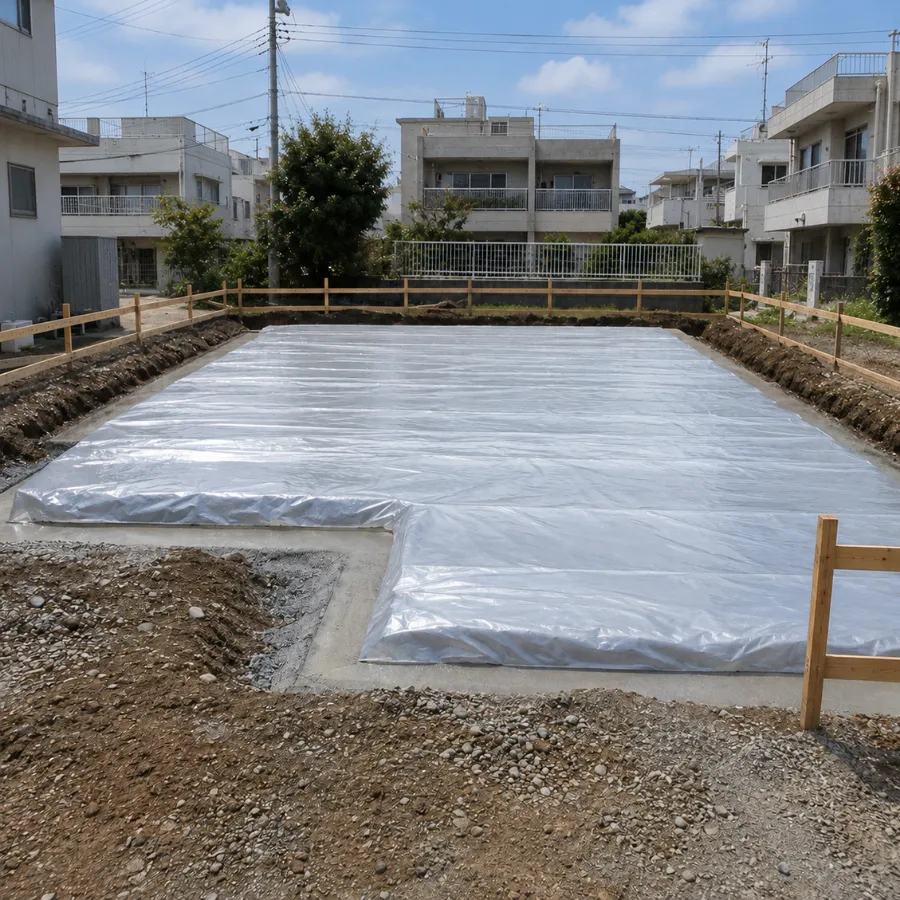 住宅基礎部分に防湿シートを施工した様子