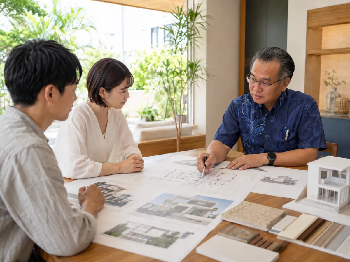 イシンホーム那覇店の大城所長がお客様と住宅プランを確認している様子